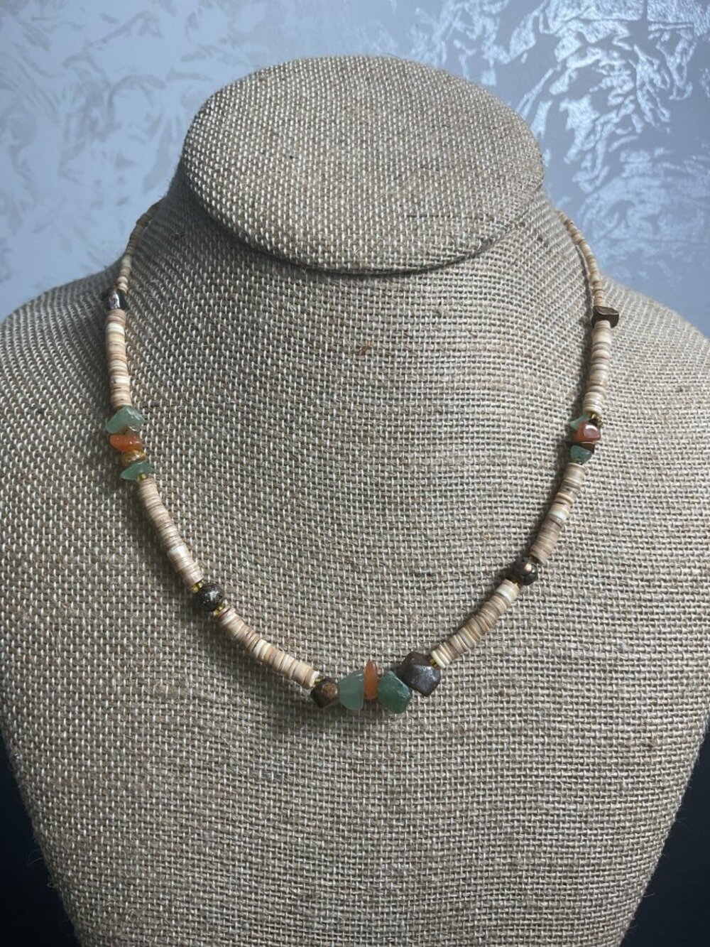 Vintage Heishi Shell Natural Gemstone Surfer Necklace Boho Earthy Choker Necklac